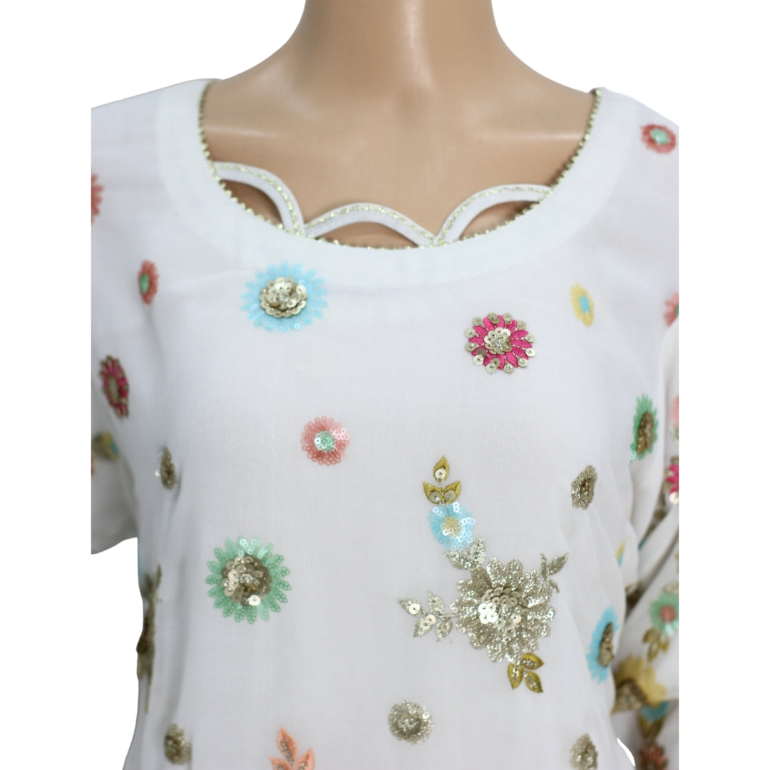 Off White Sequins and Antique Work Pure Chiffon Suit with Raw Silk Shalwar KF-00502
