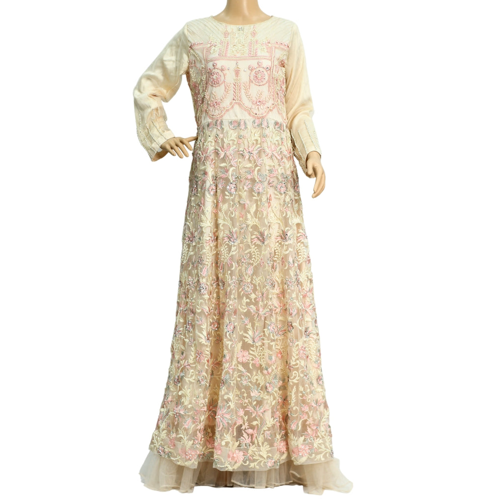 Ivory and Pink Fancy Net Suit with Floral Embroidery KF-7476