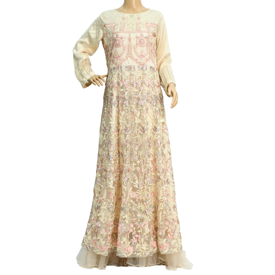 Ivory and Pink Fancy Net Suit with Floral Embroidery KF-7476