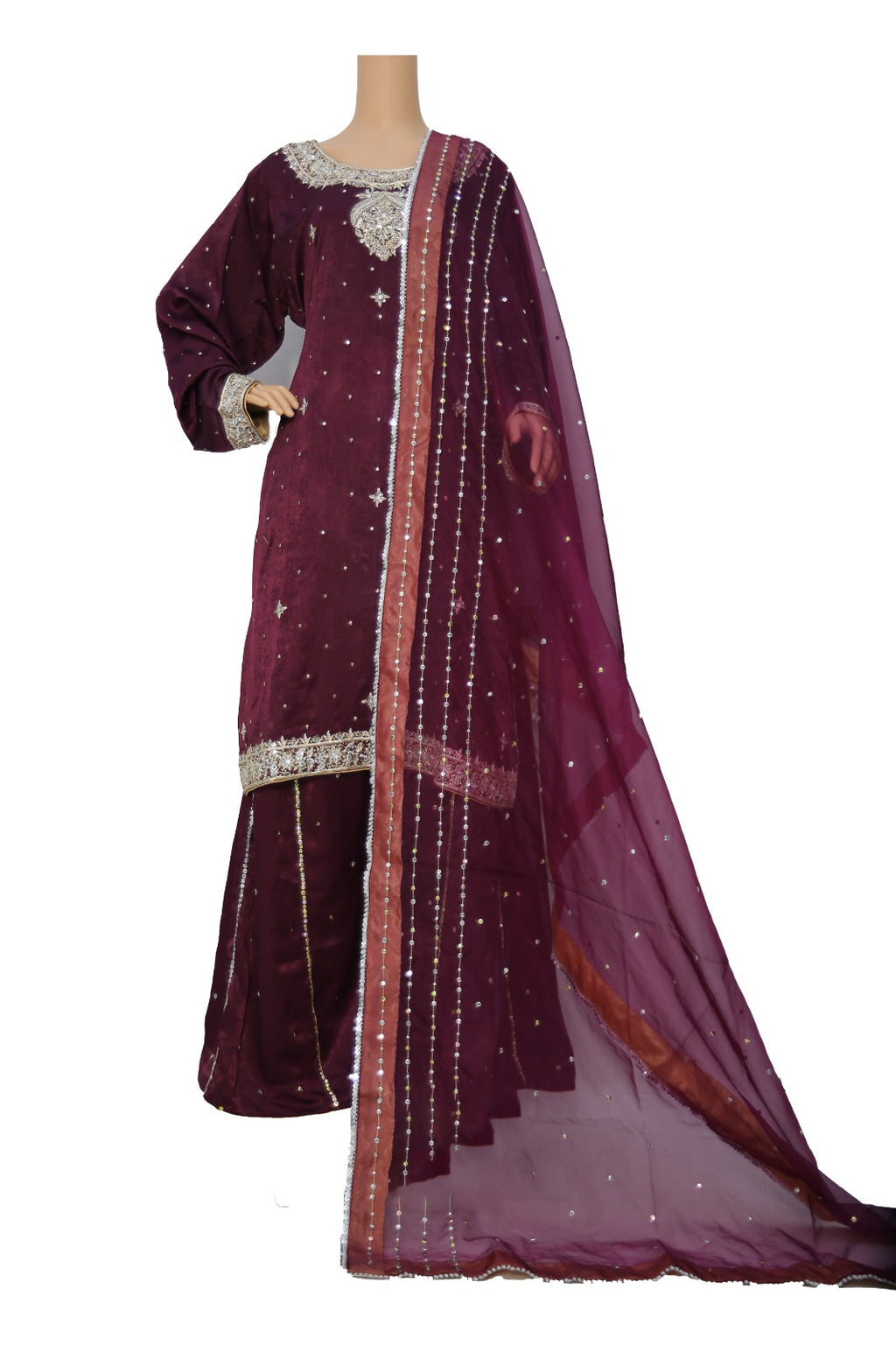 Plum Purple Velvet Silk Suit with Gold Dabka Work and Organza Dupatta KF-852