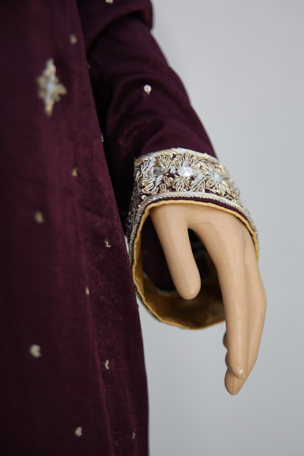 Plum Purple Velvet Silk Suit with Gold Dabka Work and Organza Dupatta KF-852