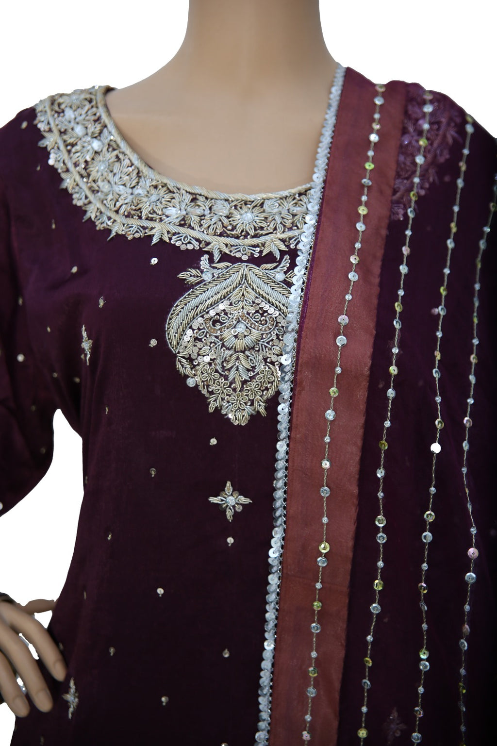 Plum Purple Velvet Silk Suit with Gold Dabka Work and Organza Dupatta KF-852