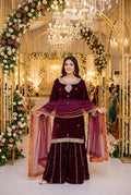 Plum Purple Velvet Silk Suit with Gold Dabka Work and Organza Dupatta KF-852