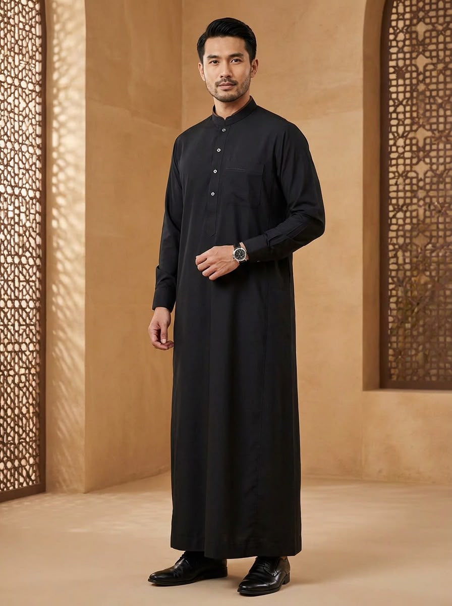 Men's Black Thobe with Chest Pocket, Thawb-050