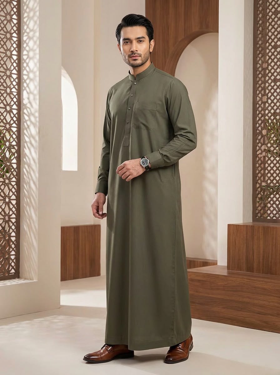 Men's Olive Green Thobe with Chest Pocket, Thawb-069
