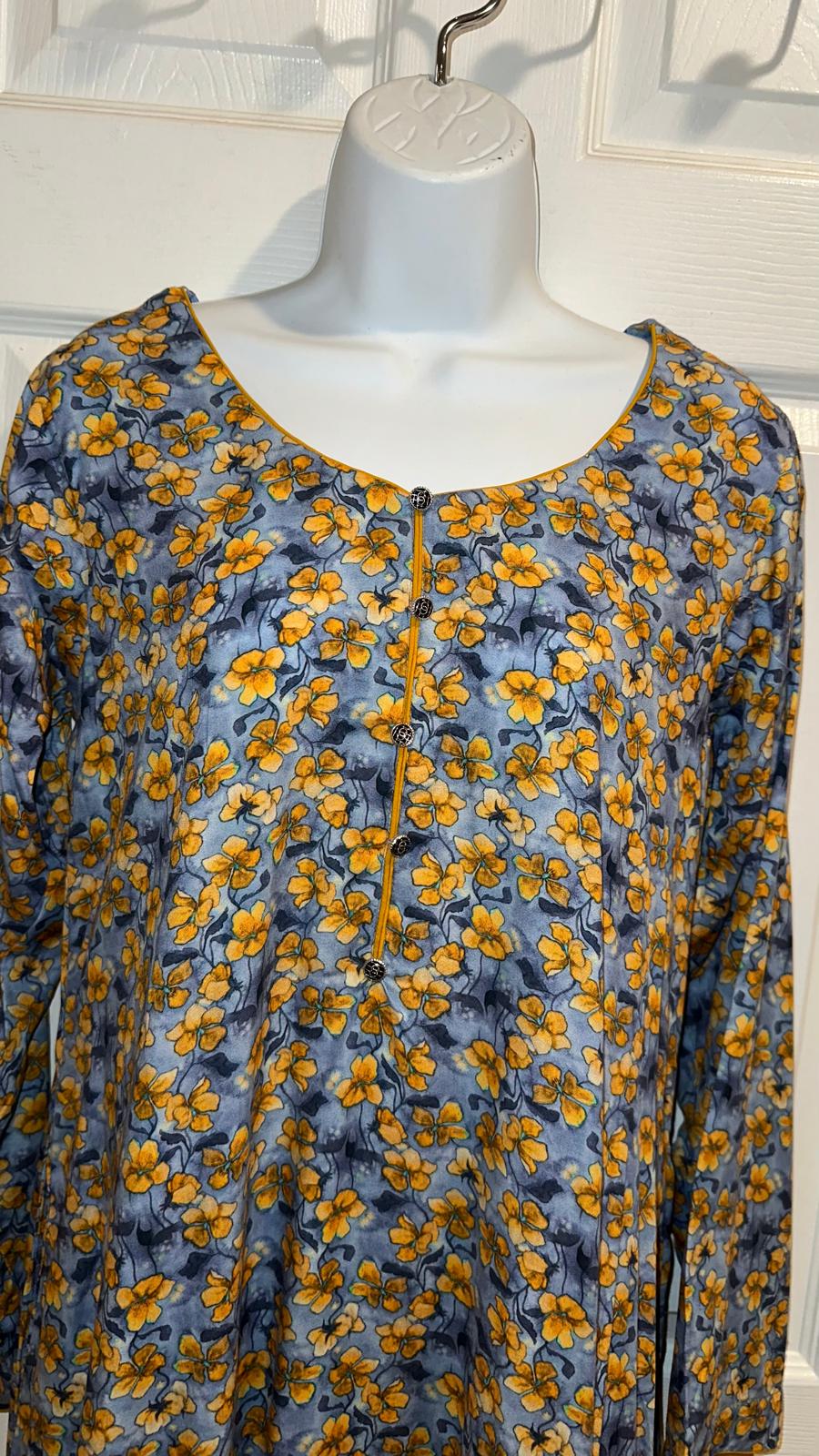 Grey and Gold Floral Print Linen Maxi Dress KF-489