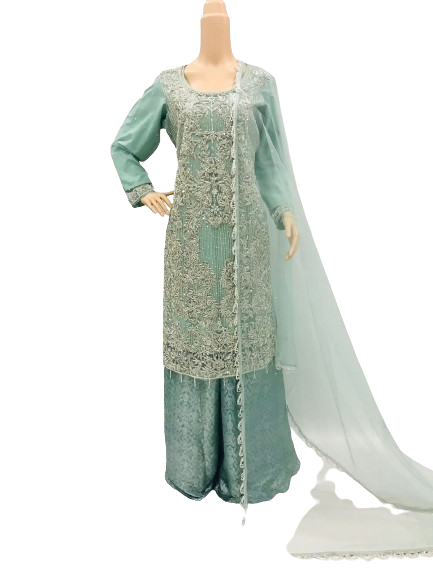 Sea Green Fancy Net Suit with Jamawar Palazzo KF-7481