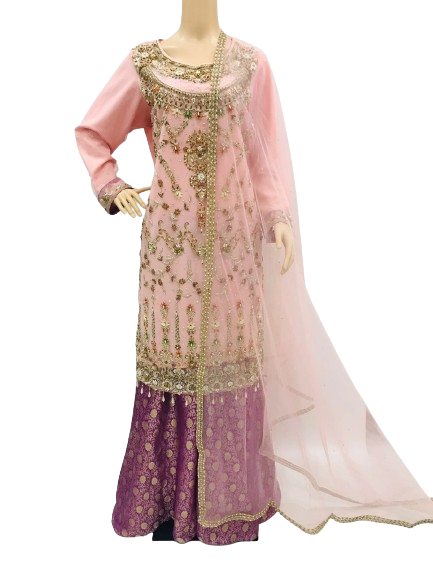 Pink and Purple Fancy Net Suit with Jamawar Palazzo KF-7483