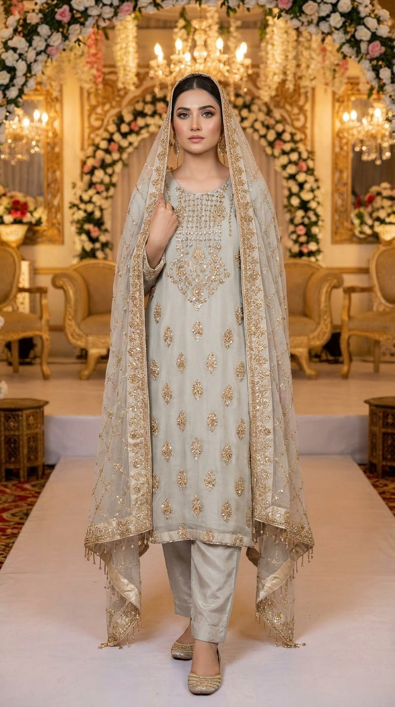 Silver Grey Handwork Chiffon 3 Piece Party Suit with Raw Silk Trouser KF-933