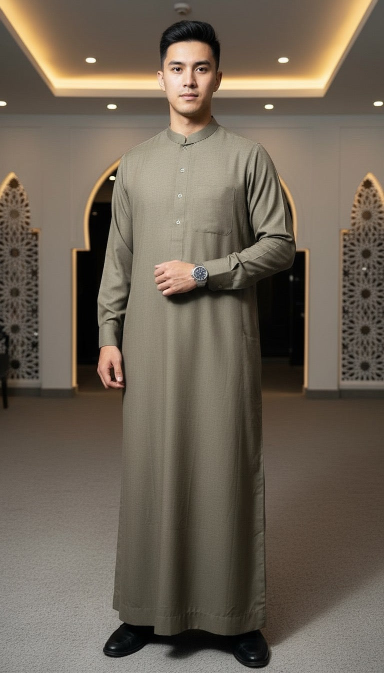 Men's Sage Green Thobe with Mandarin Collar, Thawb-025