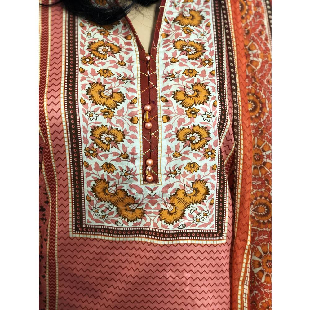 Rust Embroidered Lawn 3 Piece Suit with Cut Work Sleeves CD-102