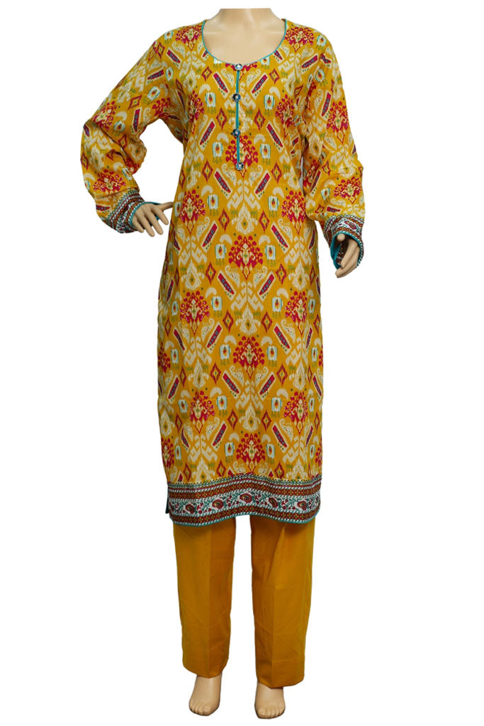 Mustard Yellow Ikat Print Lawn 3 Piece Suit with Printed Dupatta, 3 pcs 003