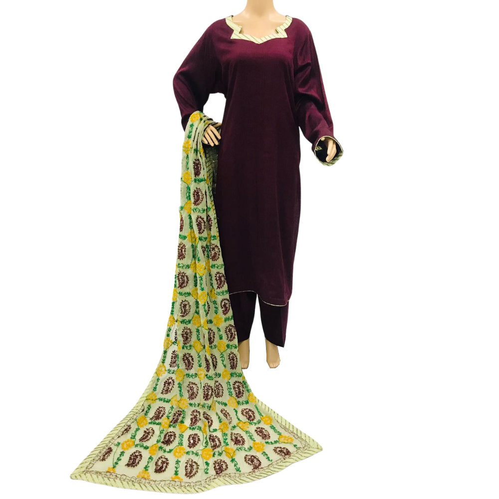 Maroon Plain Susi 3 Piece Suit with Chiffon Phulwari Dupatta, 3 pcs 017