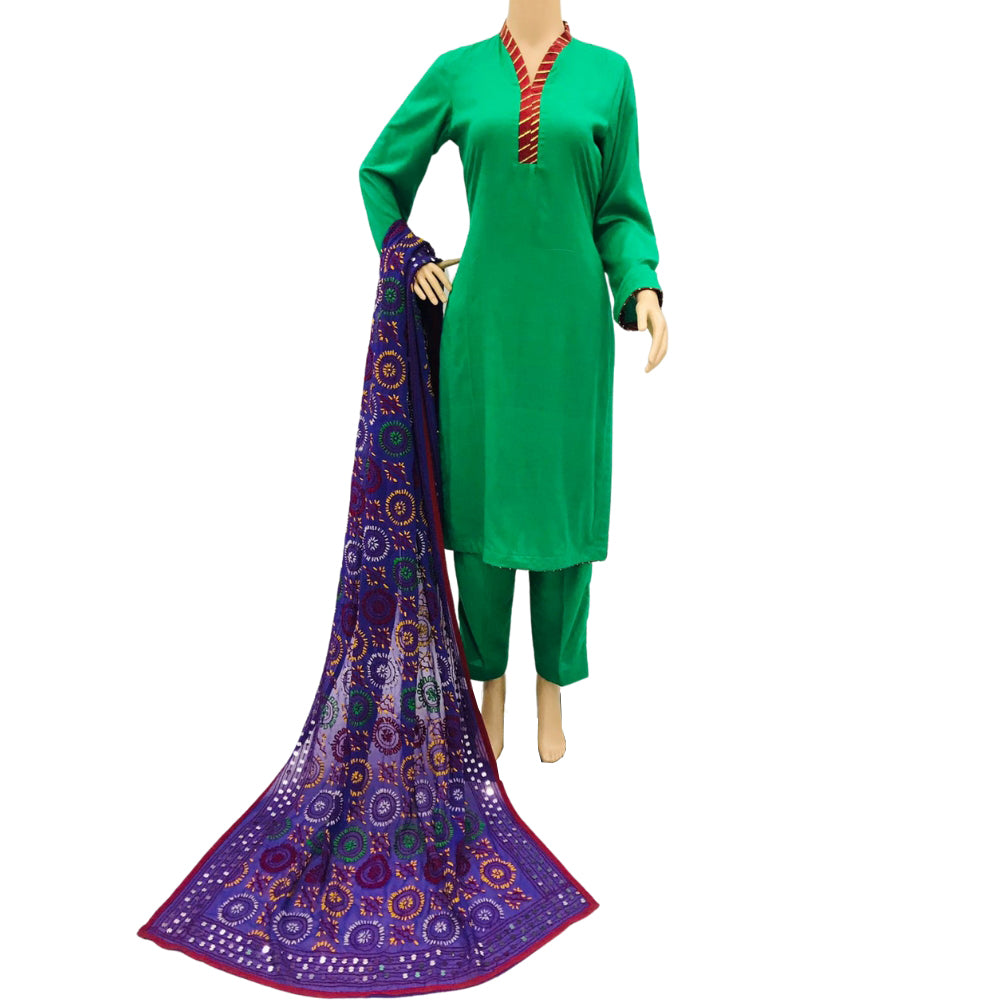 Parrot Green Plain Susi 3 Piece Suit with Purple Chiffon Phulwari Dupatta, 3 pcs 019
