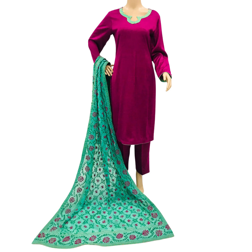 Shocking Pink Plain Susi 3 Piece Suit with Green Chiffon Phulwari Dupatta, 3 pcs 020