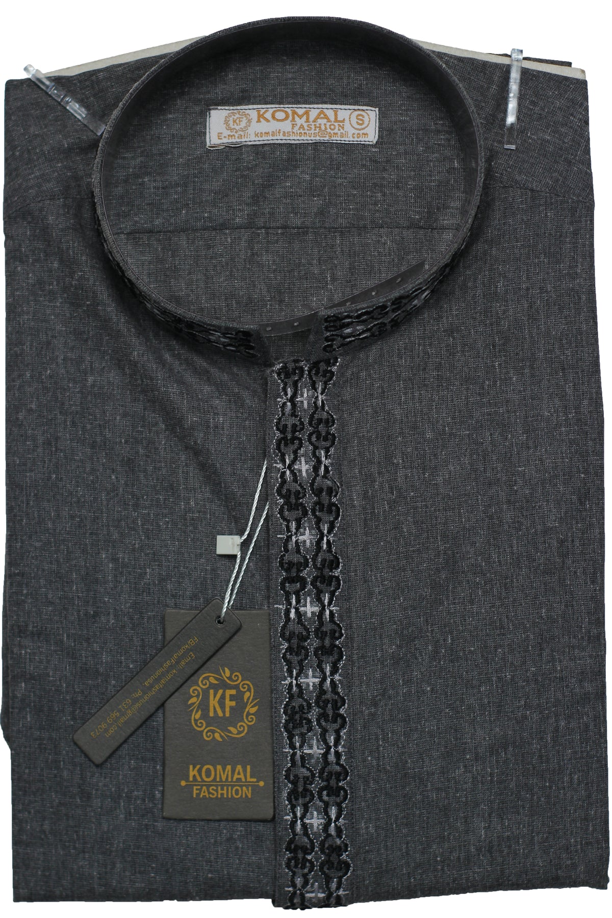 Men's Charcoal Grey Shalwar Kameez with Embroidered Placket K0128
