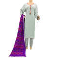 Ash Green Plain Self Linen 3 Piece Suit with Purple Phulwary Dupatta, 3 pcs 024