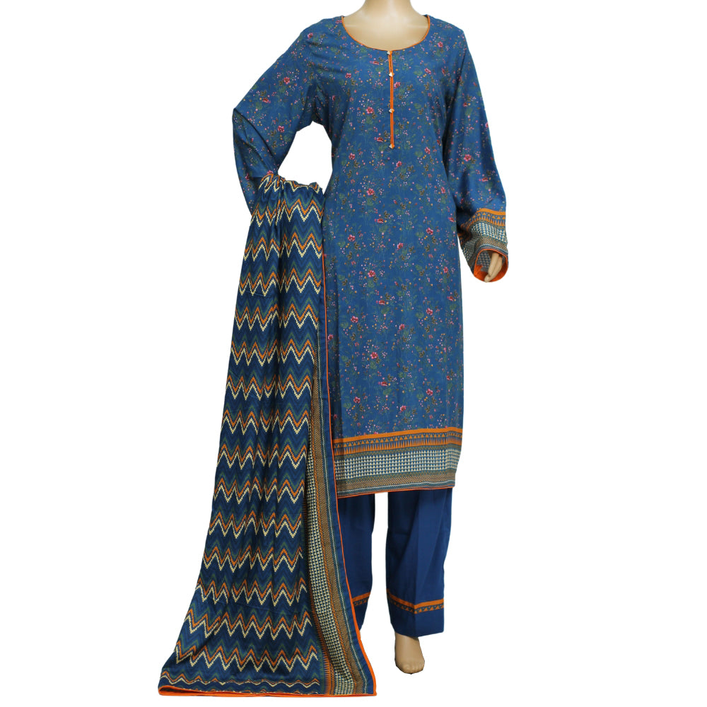 Teal Blue Printed Linen 3 Piece Suit with Chevron Dupatta, 3 pcs 006
