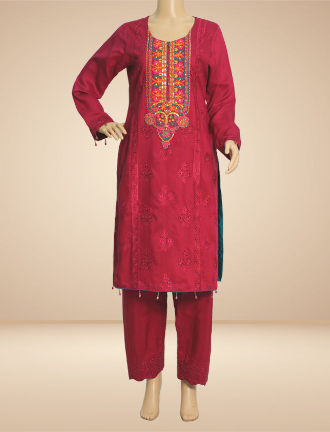 Shocking Pink Embroidered Viscose 3 Piece Suit with Chiffon Dupatta KF-0020