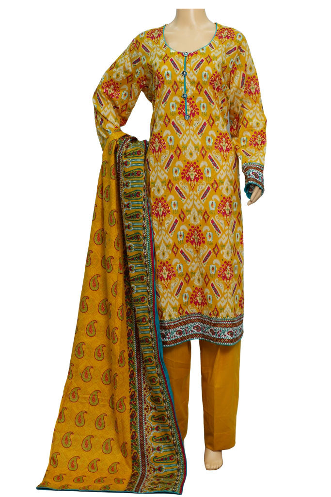 Mustard Yellow Ikat Print Lawn 3 Piece Suit with Printed Dupatta, 3 pcs 003