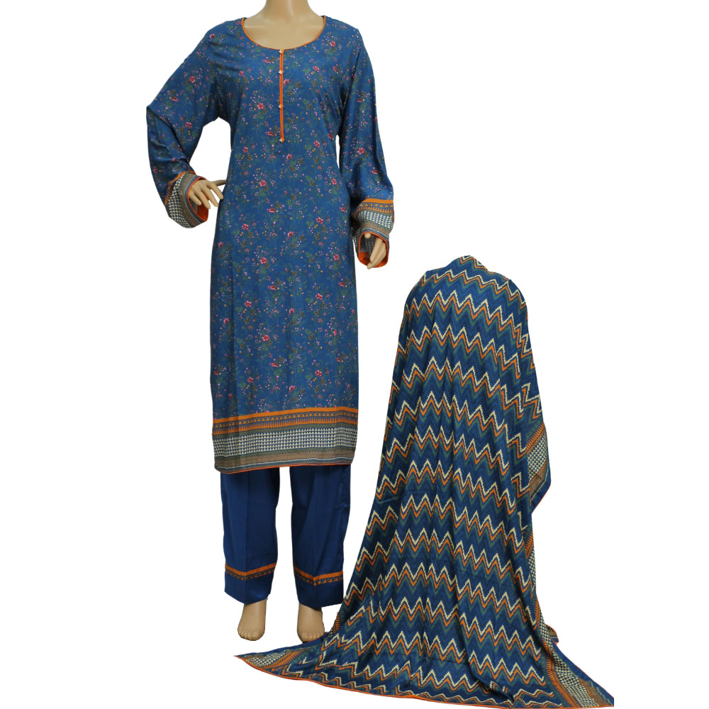 Teal Blue Printed Linen 3 Piece Suit with Chevron Dupatta, 3 pcs 006