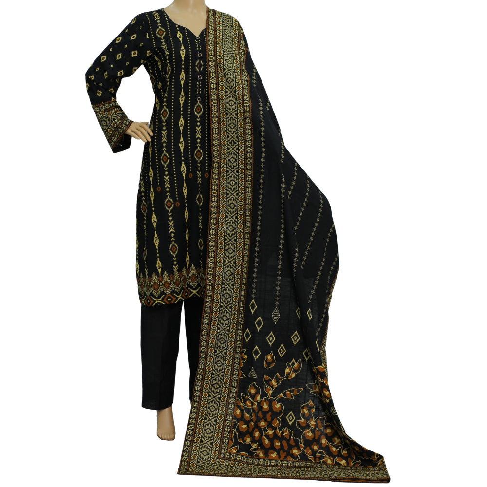 Black and Gold Printed Khaddar 3 Piece Suit, 3 pcs 007