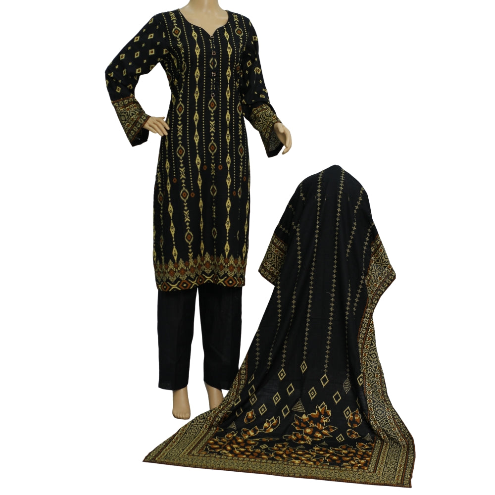 Black and Gold Printed Khaddar 3 Piece Suit, 3 pcs 007