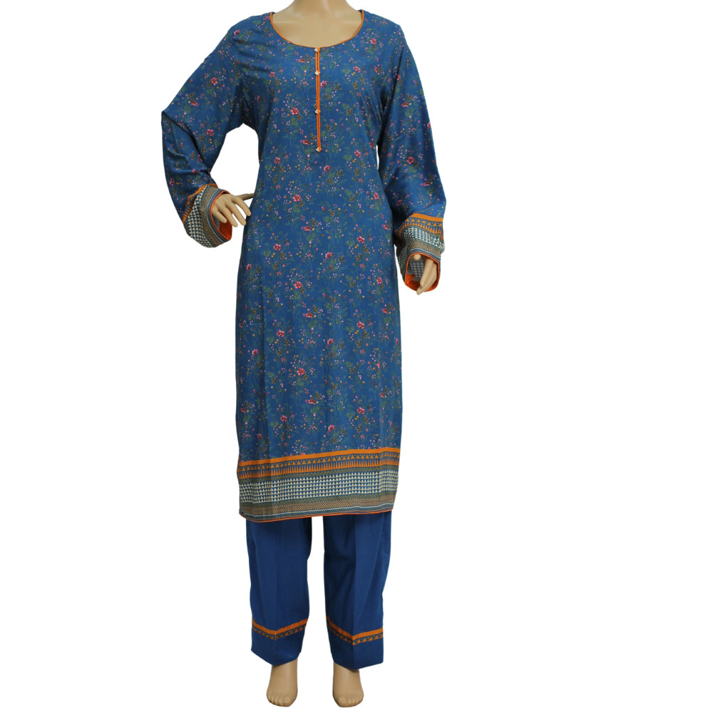 Teal Blue Printed Linen 3 Piece Suit with Chevron Dupatta, 3 pcs 006