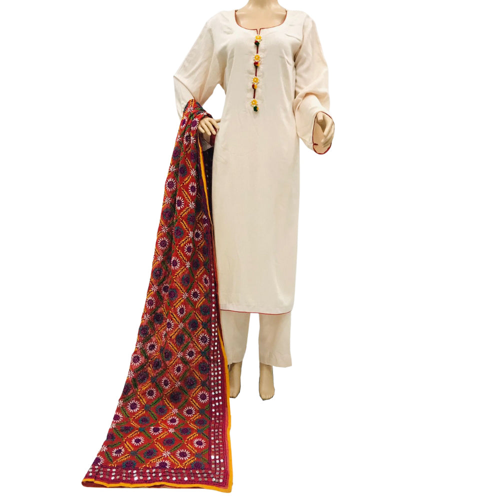 Ash Peach Plain Self Linen 3 Piece Suit with Phulwary Dupatta, 3 pcs 023
