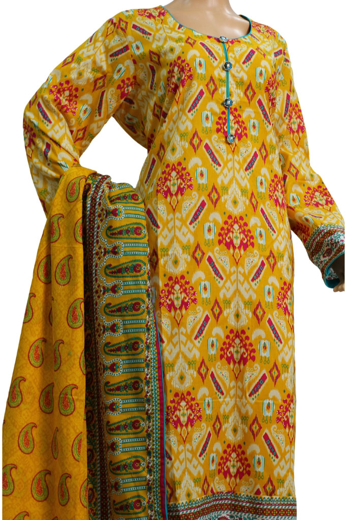 Mustard Yellow Ikat Print Lawn 3 Piece Suit with Printed Dupatta, 3 pcs 003