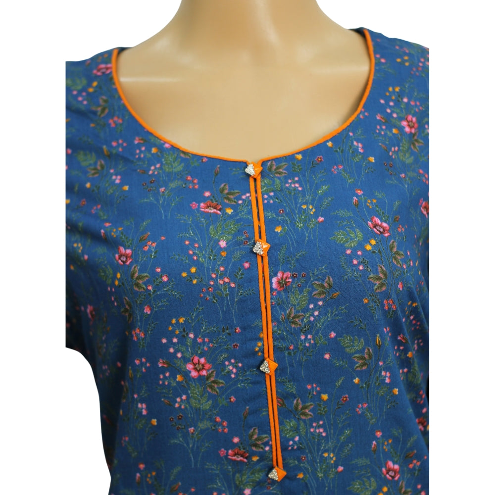 Teal Blue Printed Linen 3 Piece Suit with Chevron Dupatta, 3 pcs 006