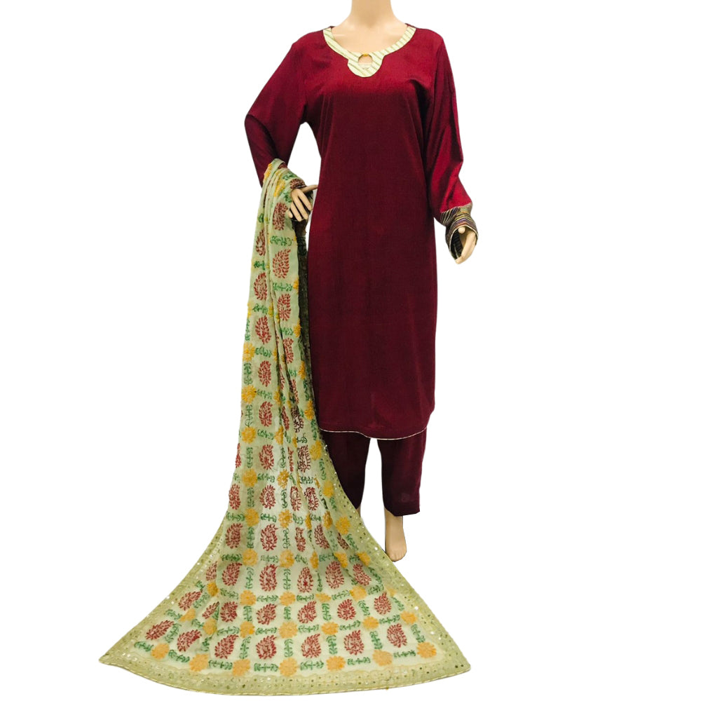 Maroon Plain Susi 3 Piece Suit with Yellow Chiffon Phulwari Dupatta, 3 pcs 022