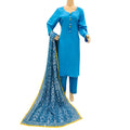 Ferozi Blue Plain Lenlen 3 Piece Suit with Chiffon Phulwari Dupatta, 3 pcs 014