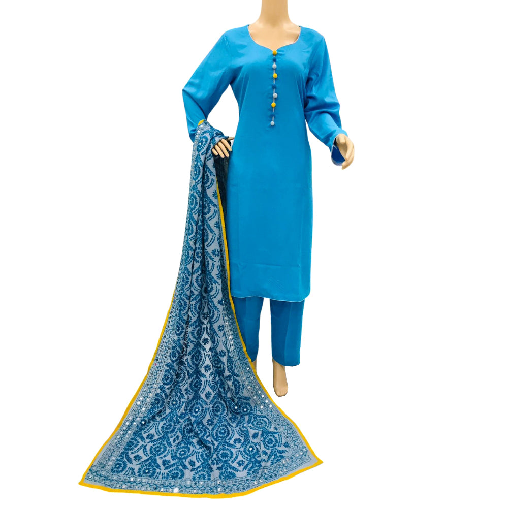 Ferozi Blue Plain Lenlen 3 Piece Suit with Chiffon Phulwari Dupatta, 3 pcs 014