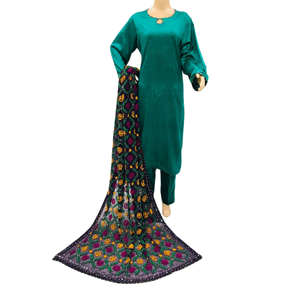 Dark Sea Green Plain Susi 3 Piece Suit with Chiffon Phulwari Dupatta, Susi 3 pcs 016
