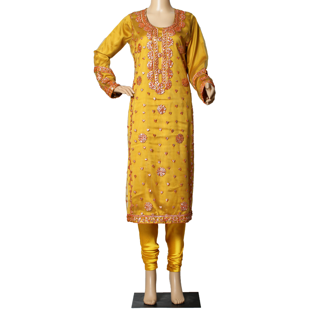 Mustard Yellow Gotta Hand Work Net Suit with Banarsi Jamawar Piping and Churidar Pajama