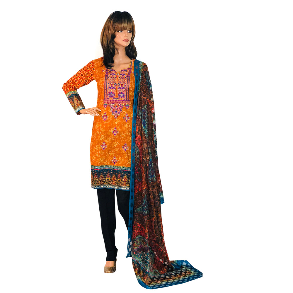 Tawakkal Orange Printed Lawn 3 Piece Suit with Teal Net Dupatta CD-104