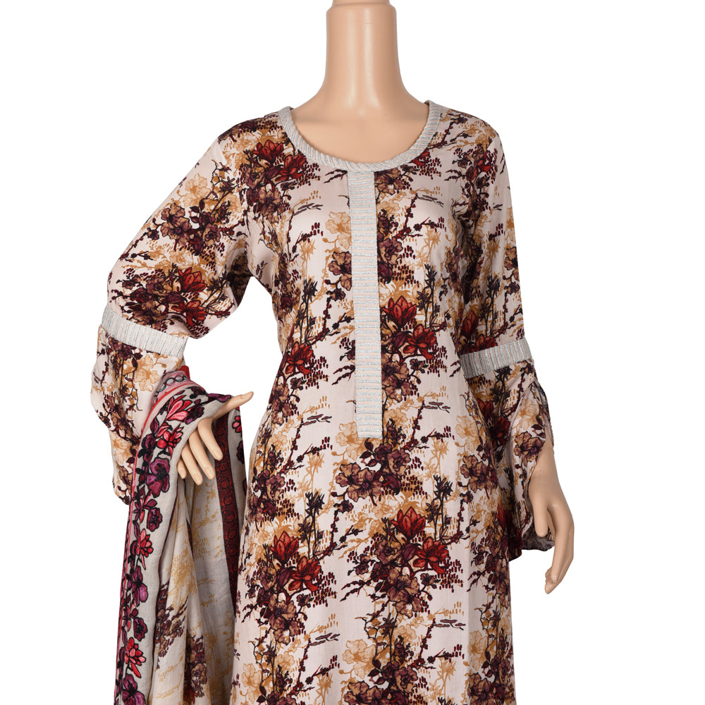 Cream Floral Marina Linen Suit with Embroidered Shawl, CD-069