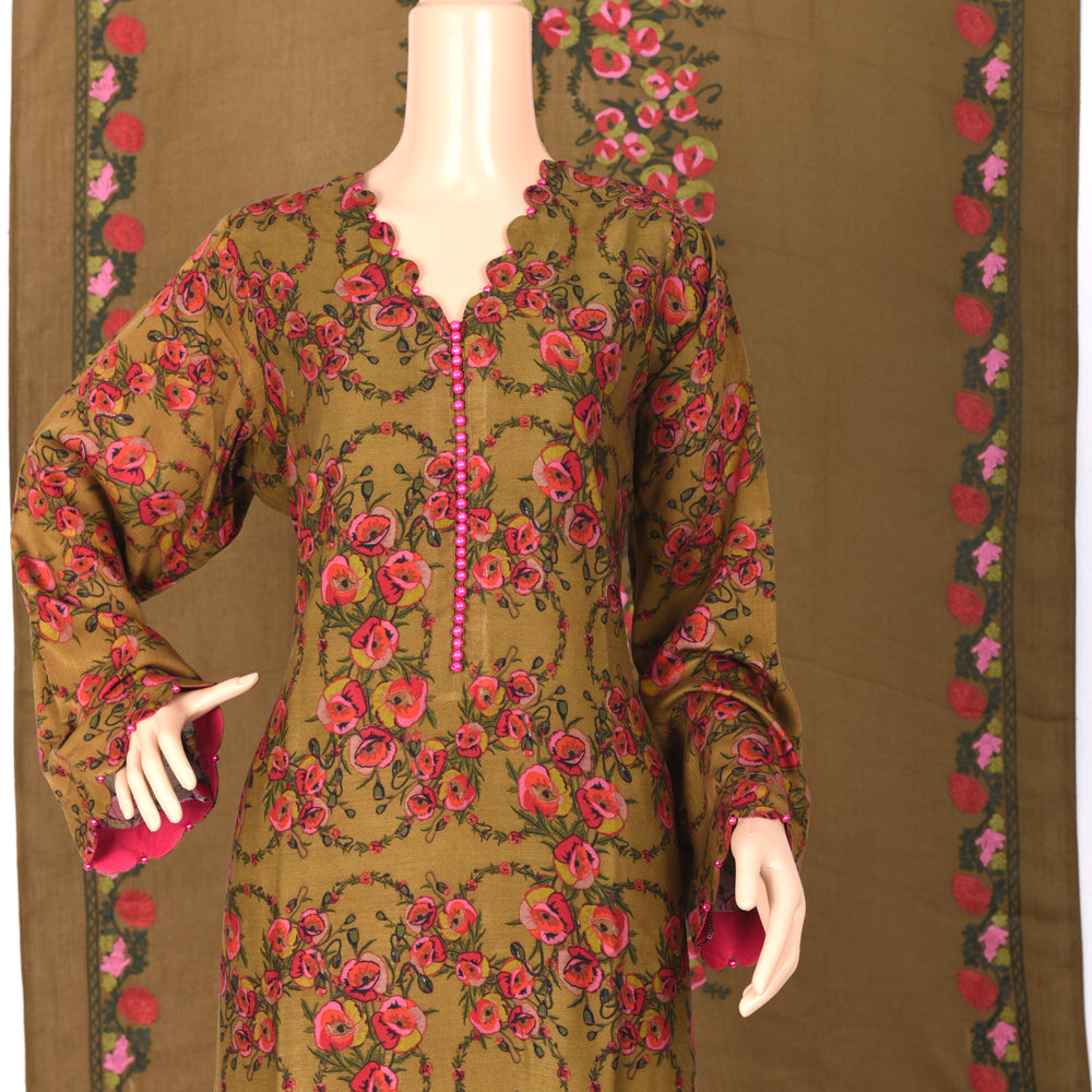 Olive Green Rose Print Marina Linen Suit with Shawl, CD-074