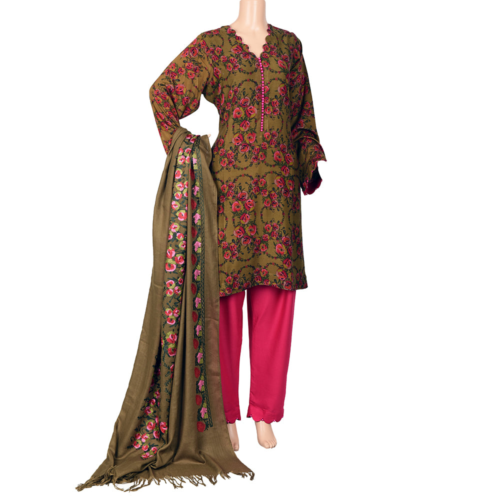 Olive Green Rose Print Marina Linen Suit with Shawl, CD-074