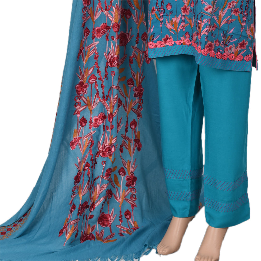 Teal Blue Floral Marina Linen Suit with Embroidered Shawl, CD-080