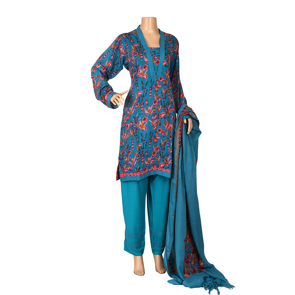 Teal Blue Floral Marina Linen Suit with Embroidered Shawl, CD-080