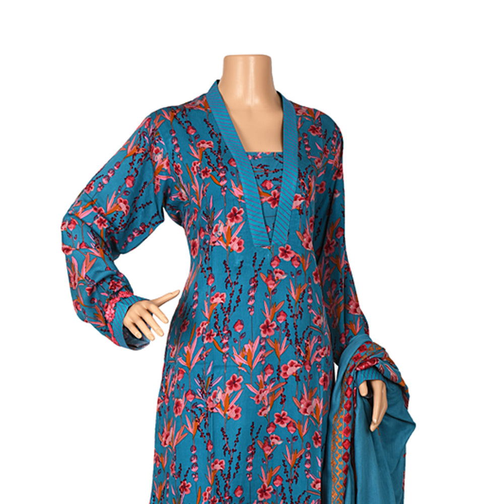 Teal Blue Floral Marina Linen Suit with Embroidered Shawl, CD-080