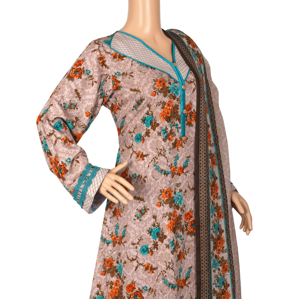 Taupe Floral Marina Linen Suit with Turquoise Trim Shawl, CD-079