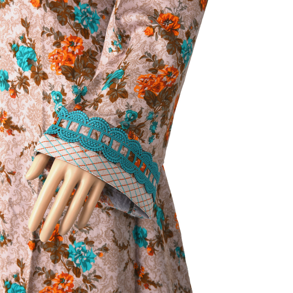 Taupe Floral Marina Linen Suit with Turquoise Trim Shawl, CD-079