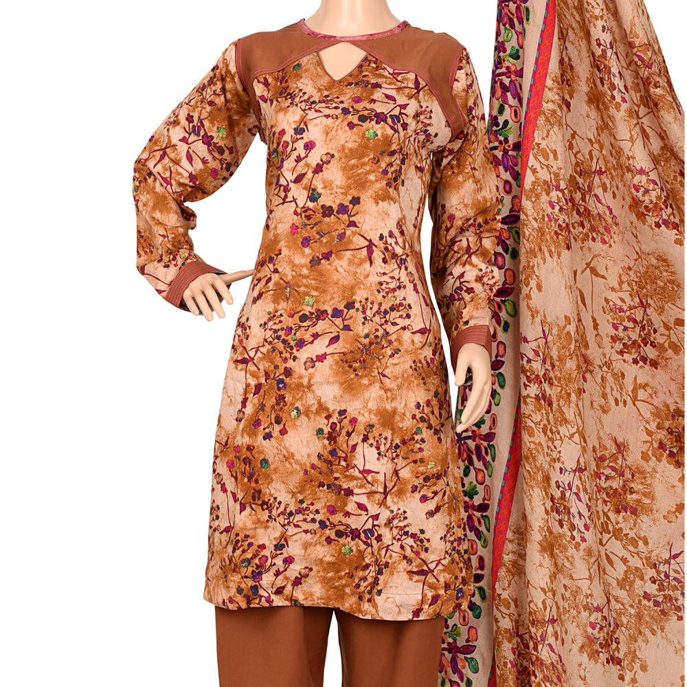 Brown Floral Marina Linen Suit with Pink Trim Shawl, CD-089