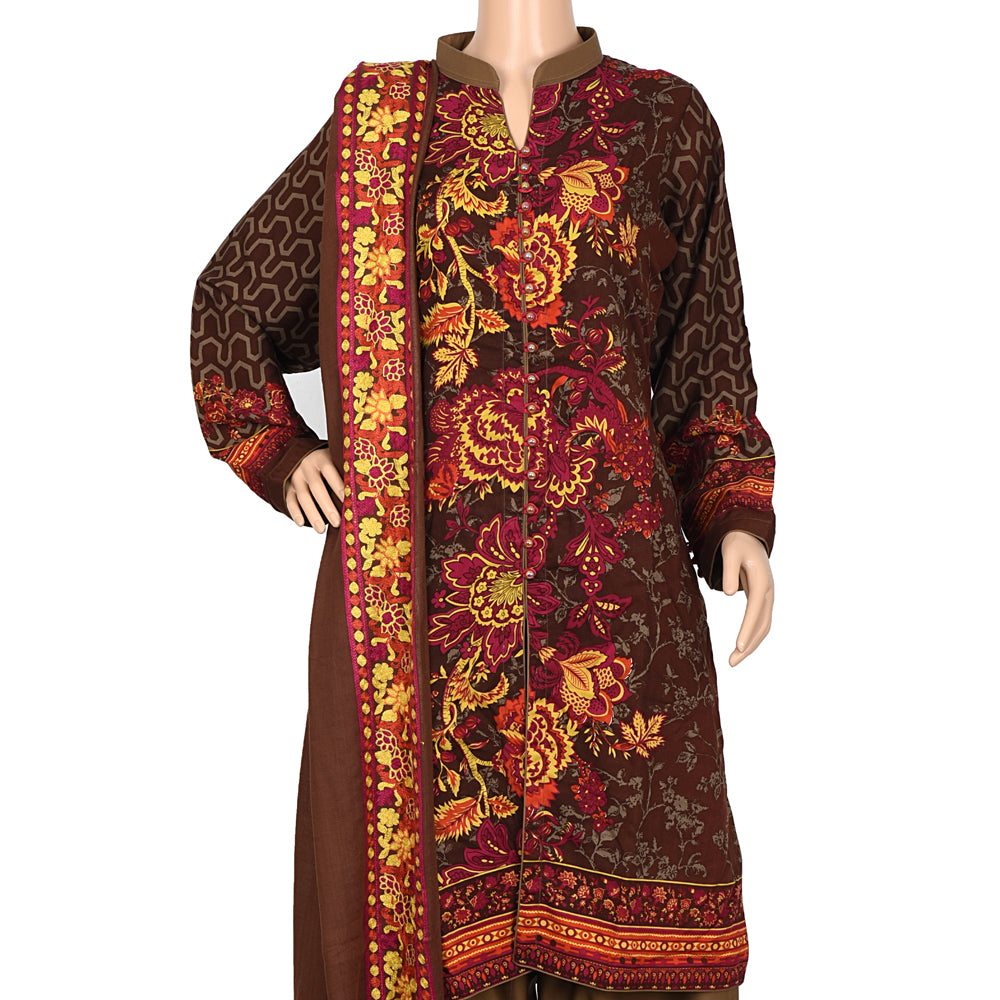 Brown Floral Marina Linen Suit with Embroidered Shawl, CD-081