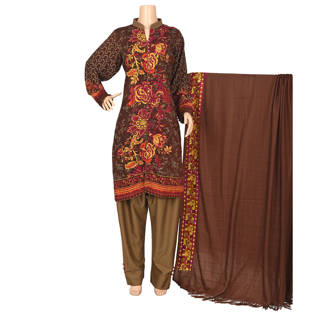 Brown Floral Marina Linen Suit with Embroidered Shawl, CD-081