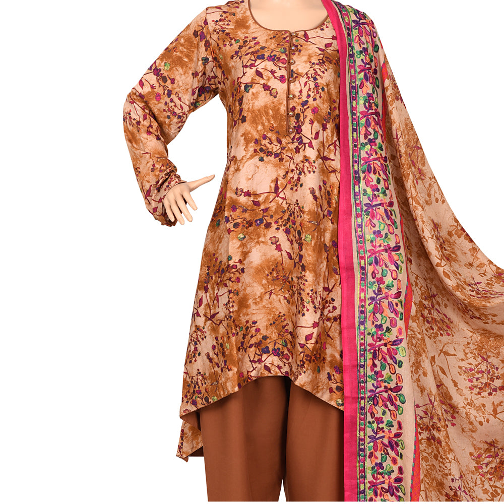 Rust Floral Marina Linen Suit with Pink Trim Shawl, CD-084