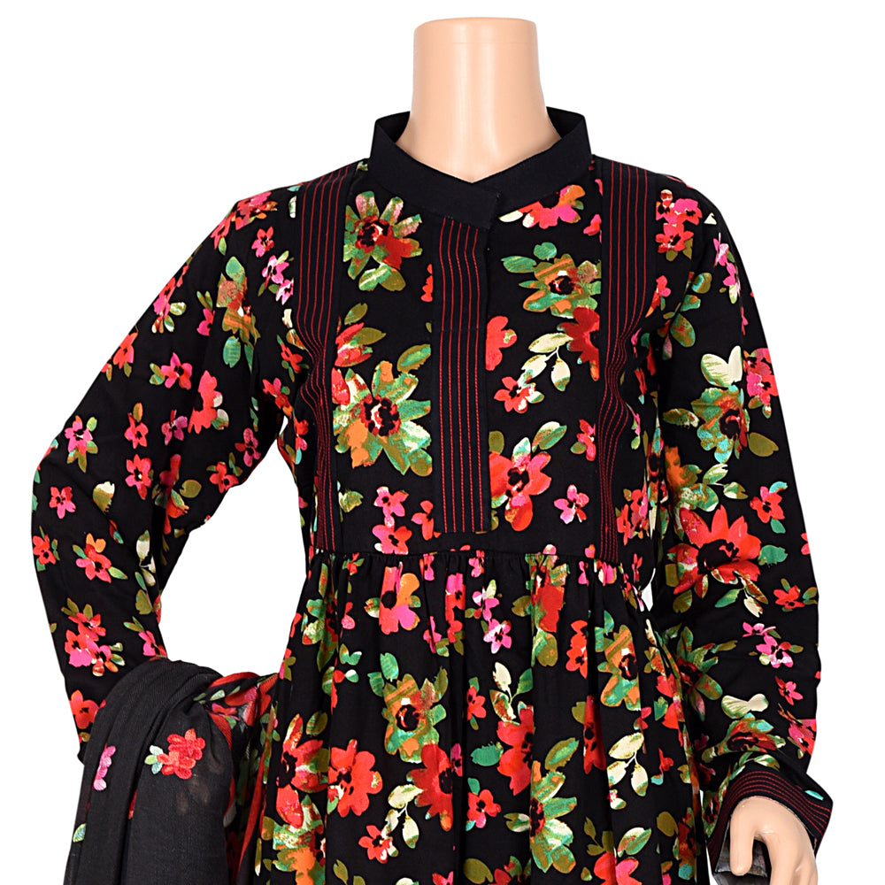 Black Floral Marina Linen Suit with Embroidered Shawl, CD-085